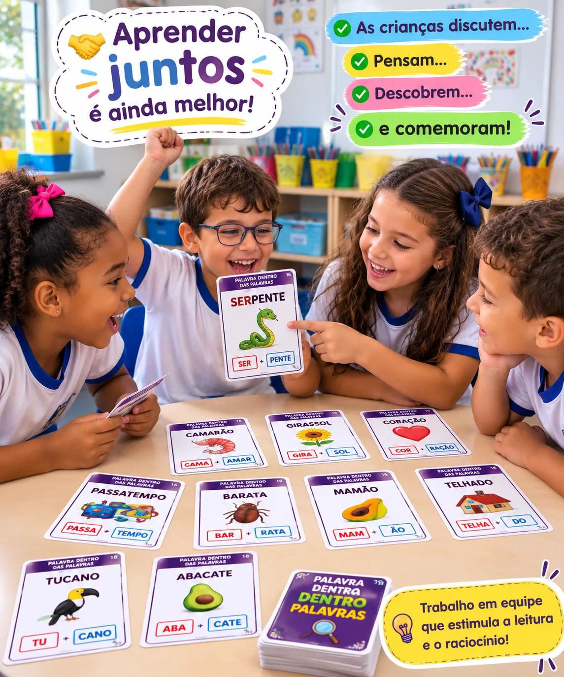 Crianças descobrindo juntas as palavras escondidas nas cartas
