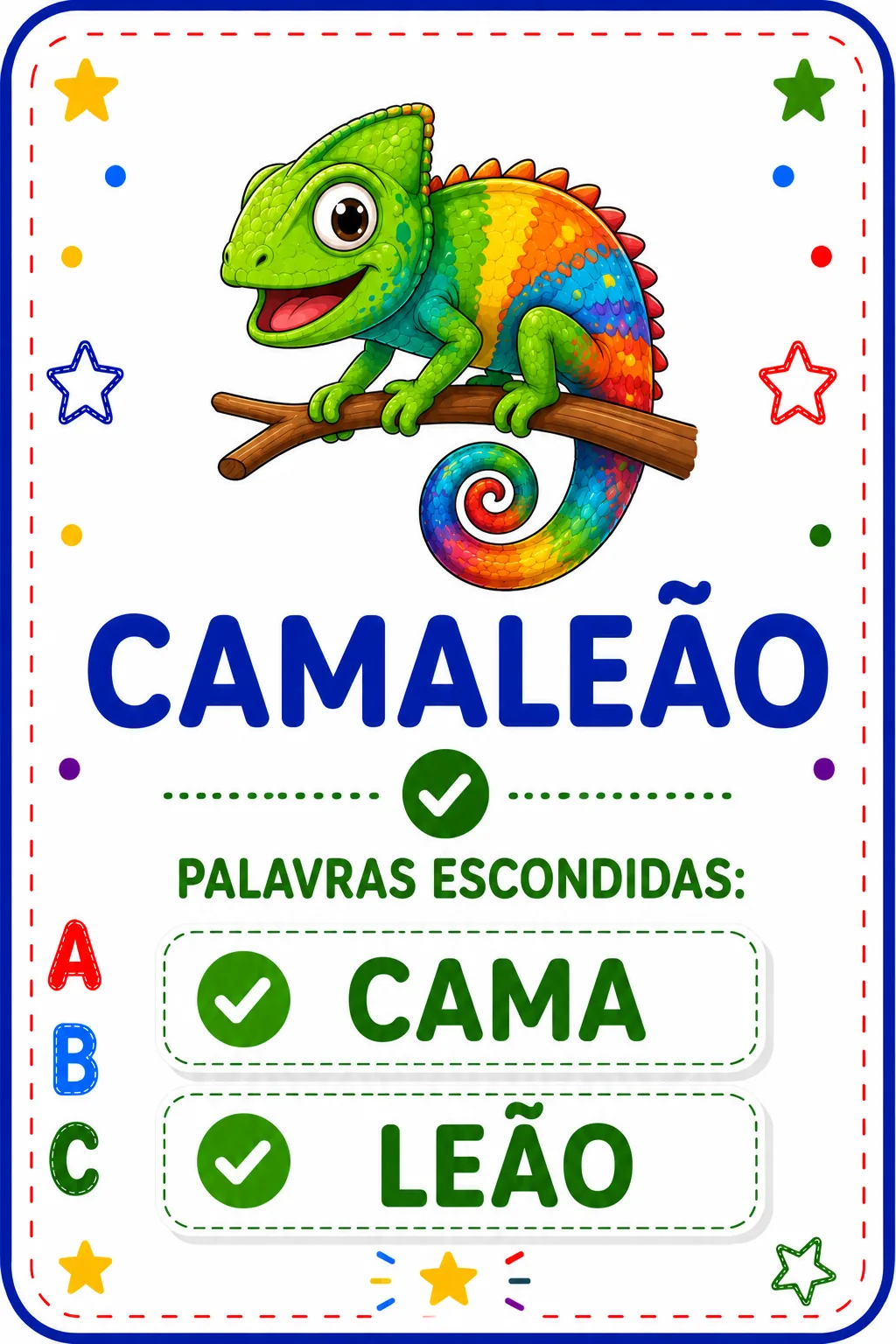Carta resposta CAMALEÃO: palavras escondidas CAMA e LEÃO