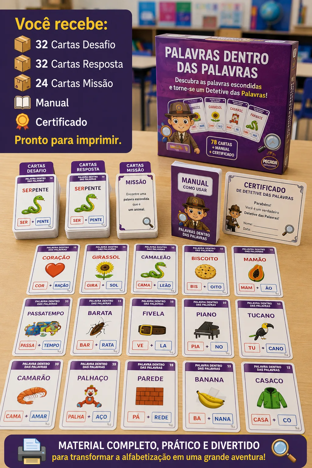 Você recebe: 32 cartas desafio, 32 cartas resposta, 24 cartas missão, manual e certificado